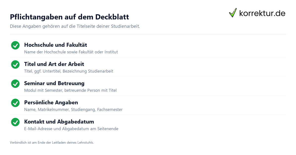 Pflichtangaben auf dem Deckblatt Studienarbeit Deckblatt Pflichtangaben Checkliste