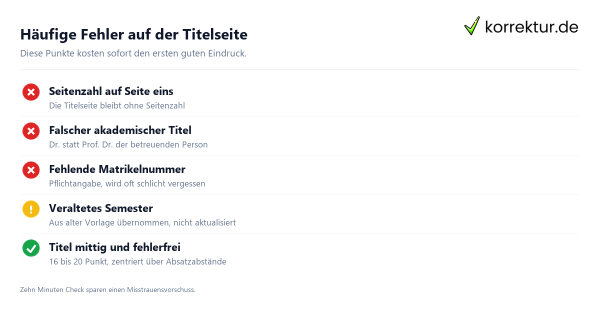 Häufige Fehler auf der Titelseite Studienarbeit Deckblatt häufige Fehler vermeiden