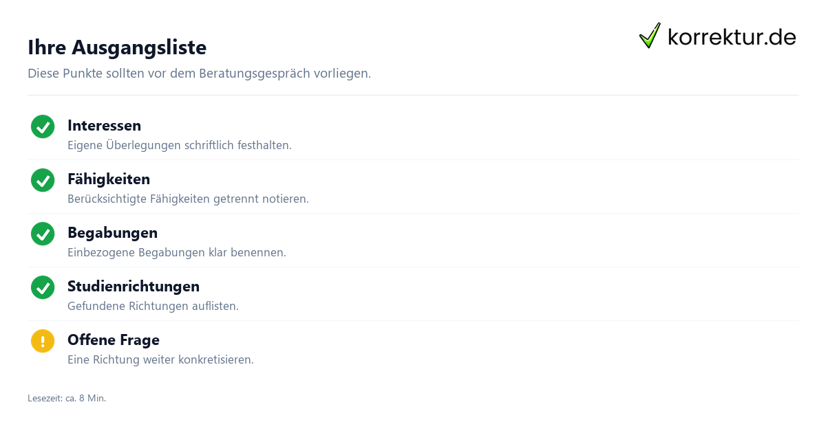 Ihre Ausgangsliste Die Studienberatung für die Studienwahl vorbereiten mit einer Checkliste