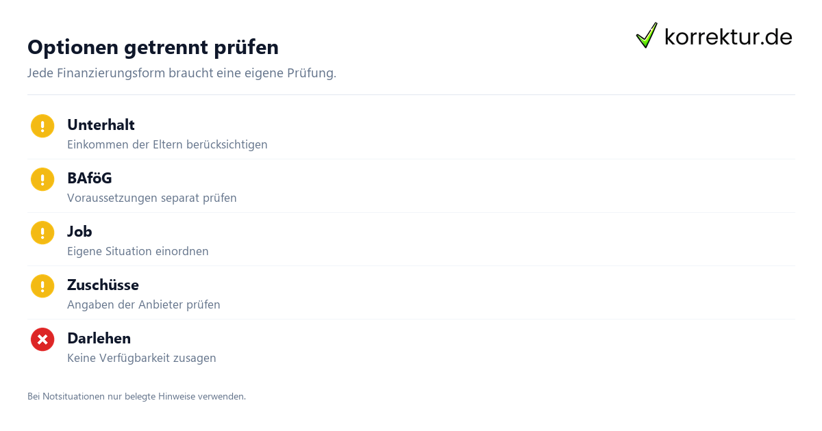 Optionen getrennt prüfen Studienfinanzierung ohne BAföG sicher einordnen, Prüfliste