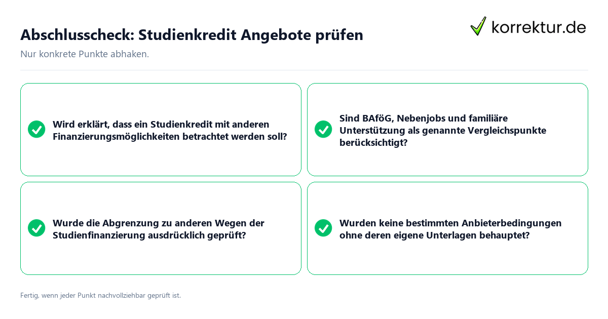 Konkreter Abschlusscheck zu Studienkredit Angebote prüfen