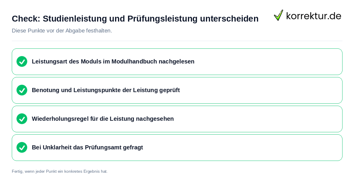 Studienleistung und Prüfungsleistung unterscheiden: Prüfliste mit vier Punkten