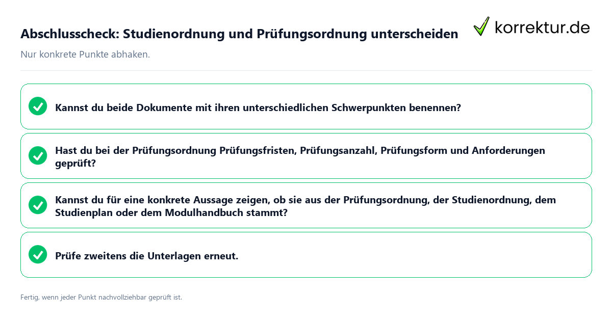 Konkreter Abschlusscheck zu Studienordnung und Prüfungsordnung unterscheiden
