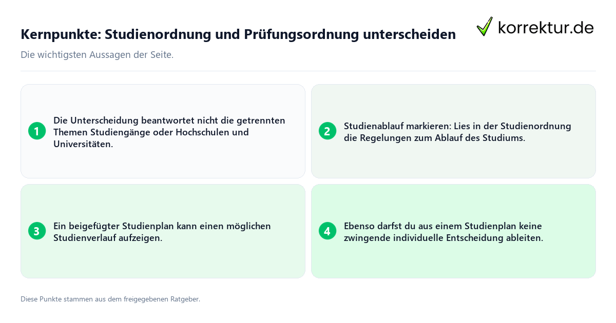 Konkrete Kernpunkte zu Studienordnung und Prüfungsordnung unterscheiden