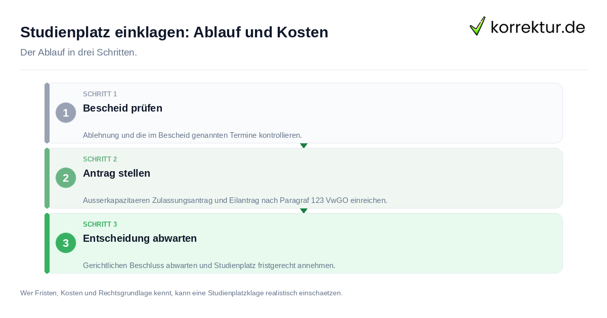 Studienplatz einklagen: Ablauf und Kosten: der Ablauf in drei Schritten