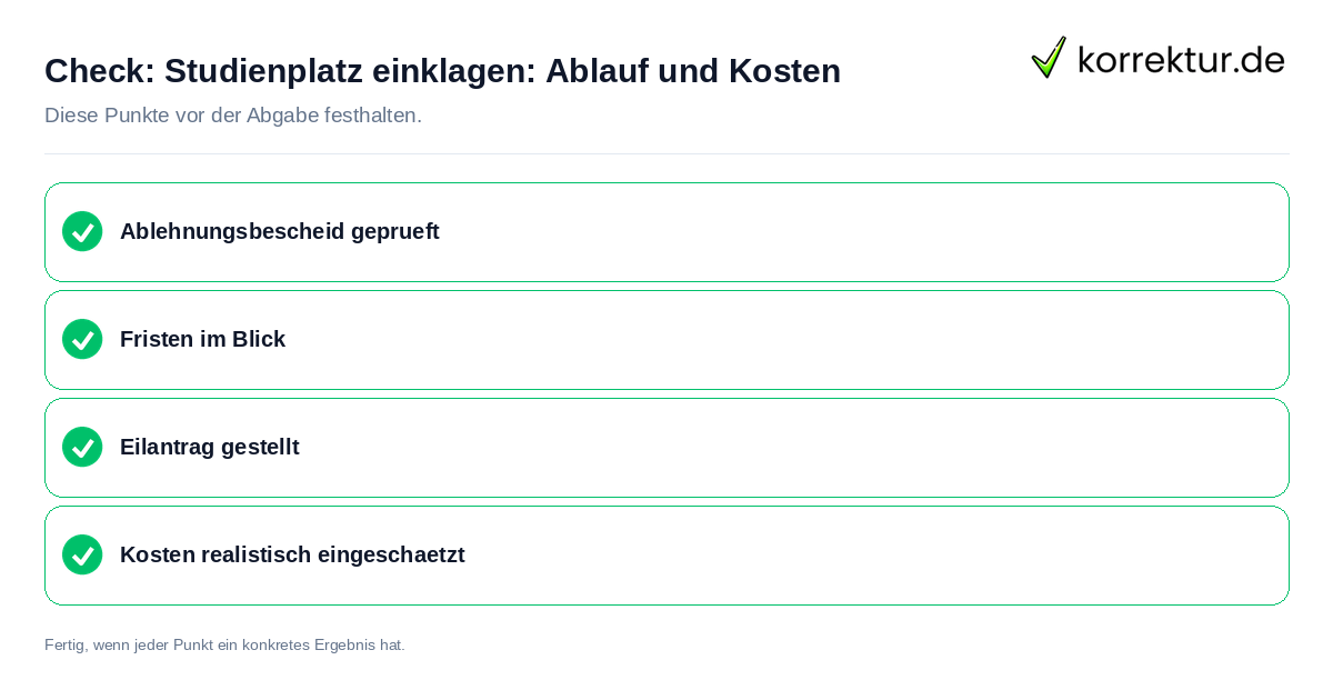 Studienplatz einklagen: Ablauf und Kosten: Prüfliste mit vier Punkten