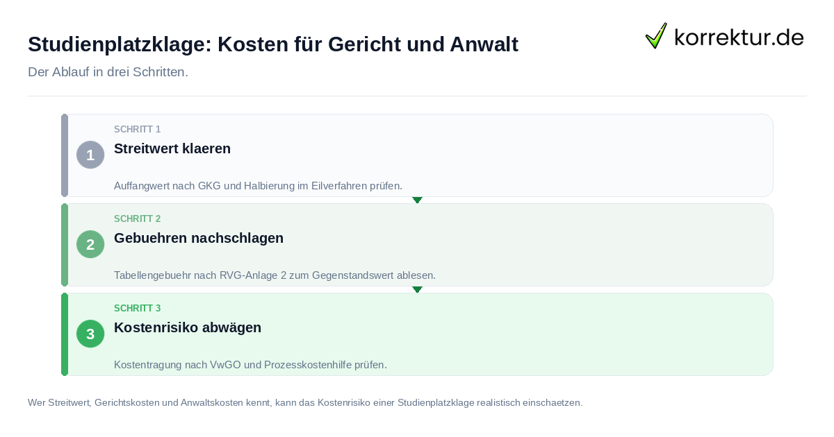 Studienplatzklage: Kosten für Gericht und Anwalt: der Ablauf in drei Schritten