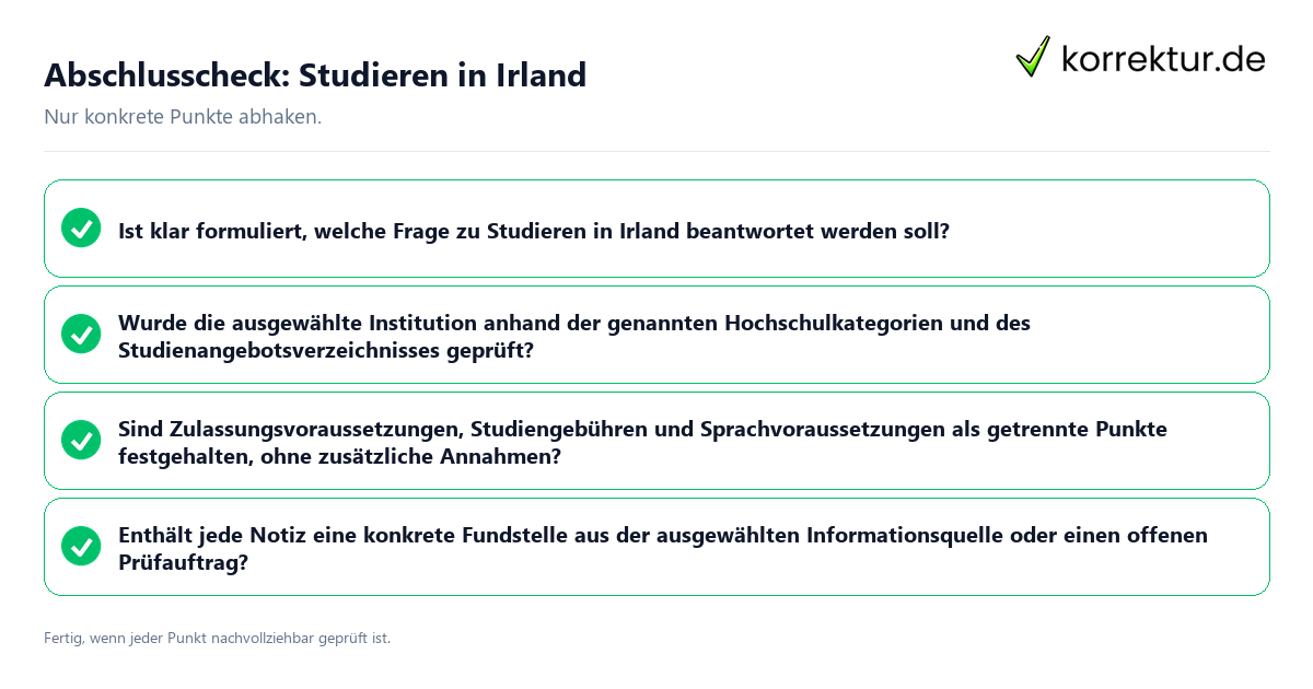 Konkreter Abschlusscheck zu Studieren in Irland