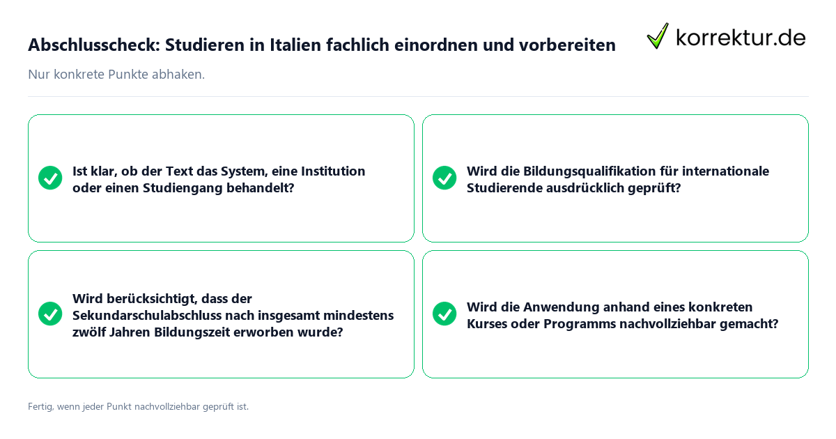Konkreter Abschlusscheck zu Studieren in Italien fachlich einordnen und vorbereiten