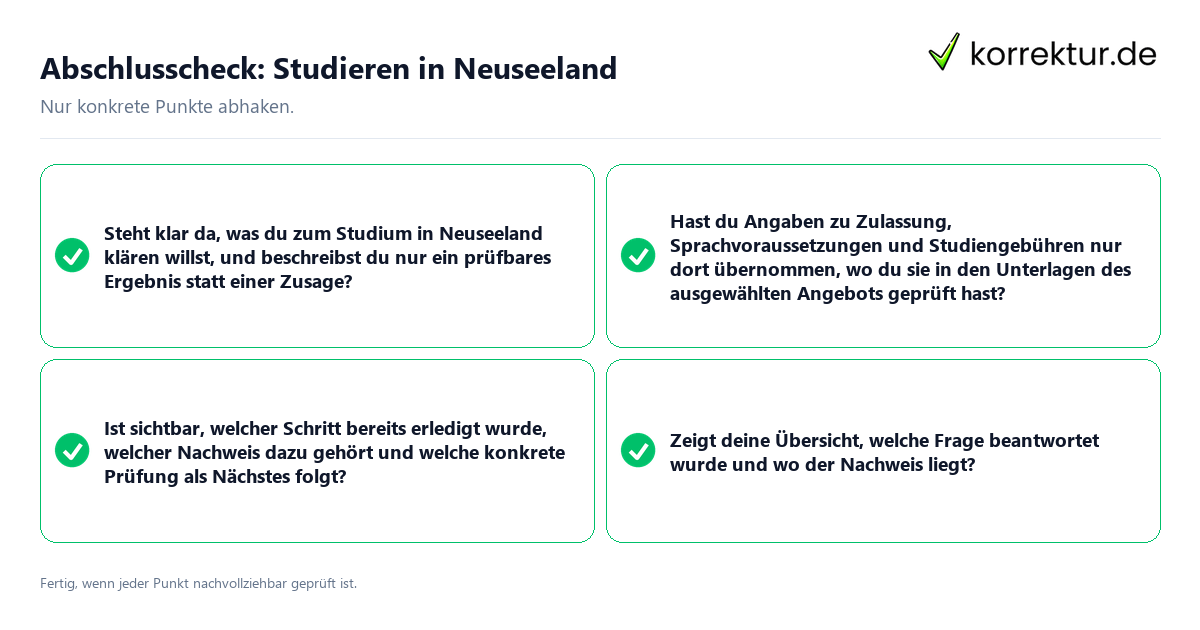 Konkreter Abschlusscheck zu Studieren in Neuseeland