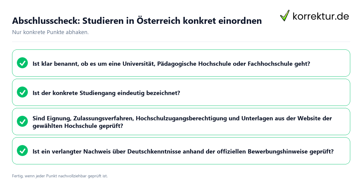 Konkreter Abschlusscheck zu Studieren in Österreich konkret einordnen