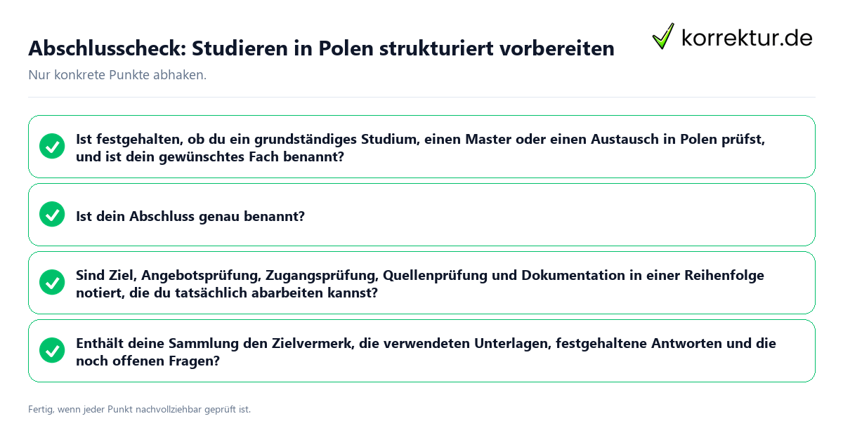 Konkreter Abschlusscheck zu Studieren in Polen strukturiert vorbereiten