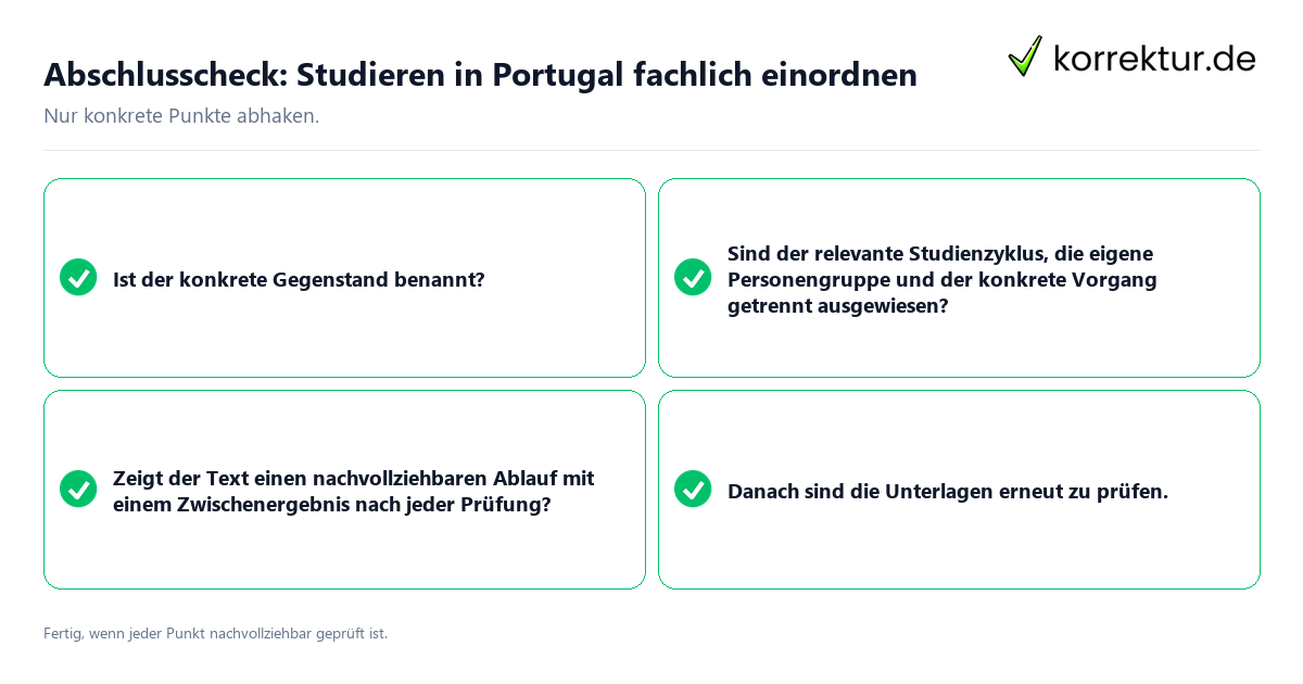 Konkreter Abschlusscheck zu Studieren in Portugal fachlich einordnen