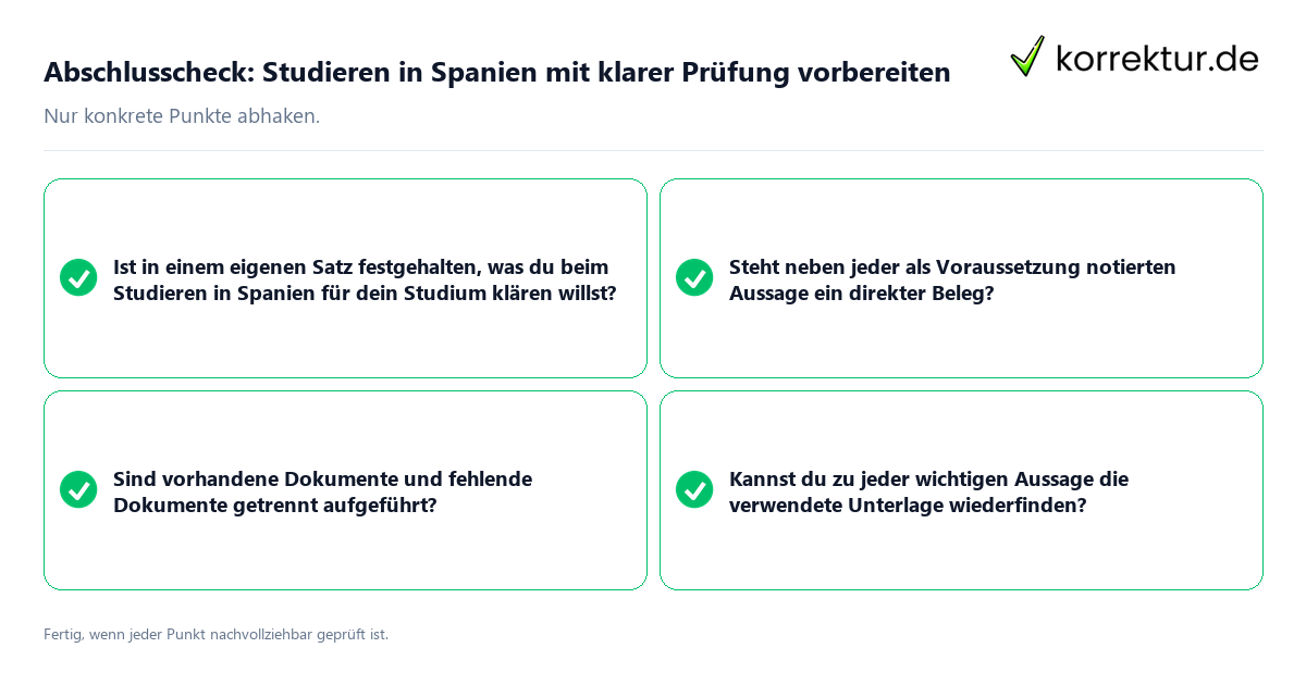 Konkreter Abschlusscheck zu Studieren in Spanien mit klarer Prüfung vorbereiten