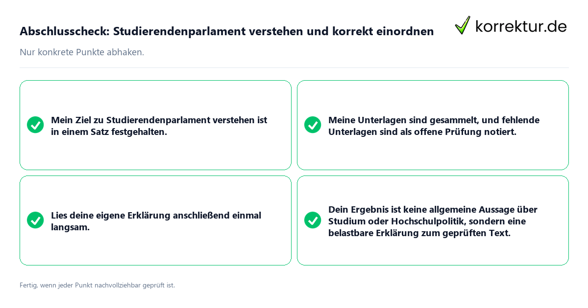 Abschlusscheck: Studierendenparlament verstehen und korrekt einordnen Konkreter Abschlusscheck zu Studierendenparlament verstehen und korrekt einordnen