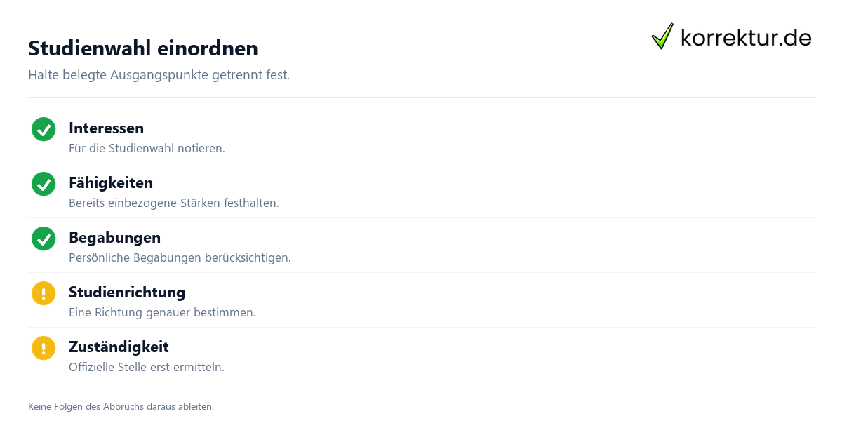 Studienwahl einordnen Studium abbrechen und neu starten: Interessen, Fähigkeiten und Begabungen einordnen