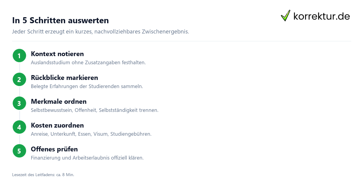 In 5 Schritten auswerten Studium-Erfahrungsberichte fachlich verstehen und nutzen, Auswertungsschritte