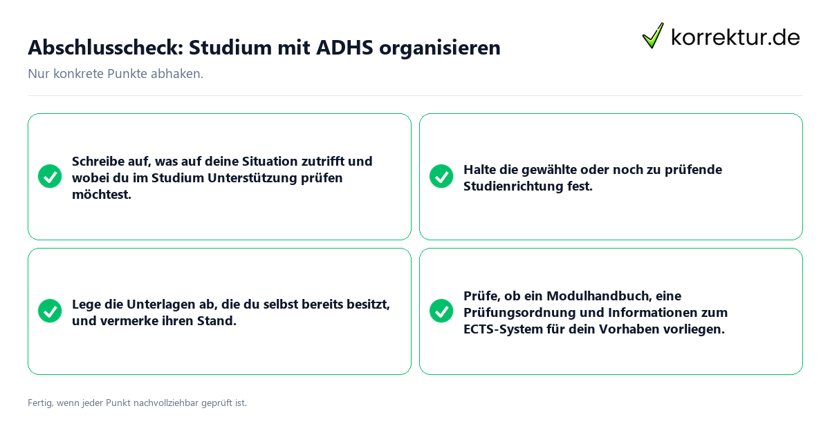 Konkreter Abschlusscheck zu Studium mit ADHS organisieren