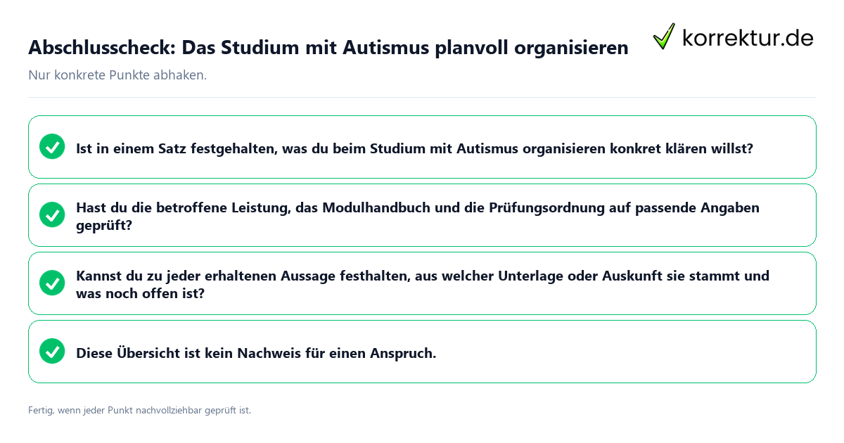 Abschlusscheck: Das Studium mit Autismus planvoll organisieren Konkreter Abschlusscheck zu Das Studium mit Autismus planvoll organisieren