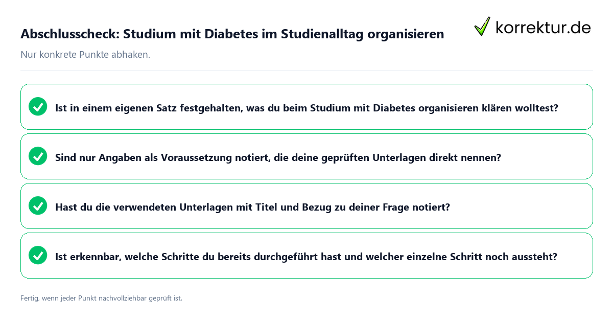 Konkreter Abschlusscheck zu Studium mit Diabetes im Studienalltag organisieren