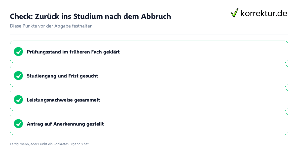Check: Zurück ins Studium nach dem Abbruch Zurück ins Studium nach dem Abbruch: Prüfliste mit vier Punkten