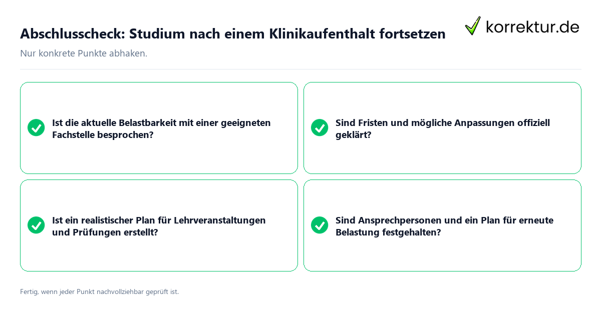 Konkreter Abschlusscheck zu Studium nach einem Klinikaufenthalt fortsetzen
