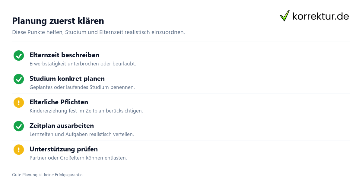 Planung zuerst klären Studium während der Elternzeit verständlich eingeordnet, Planungscheck