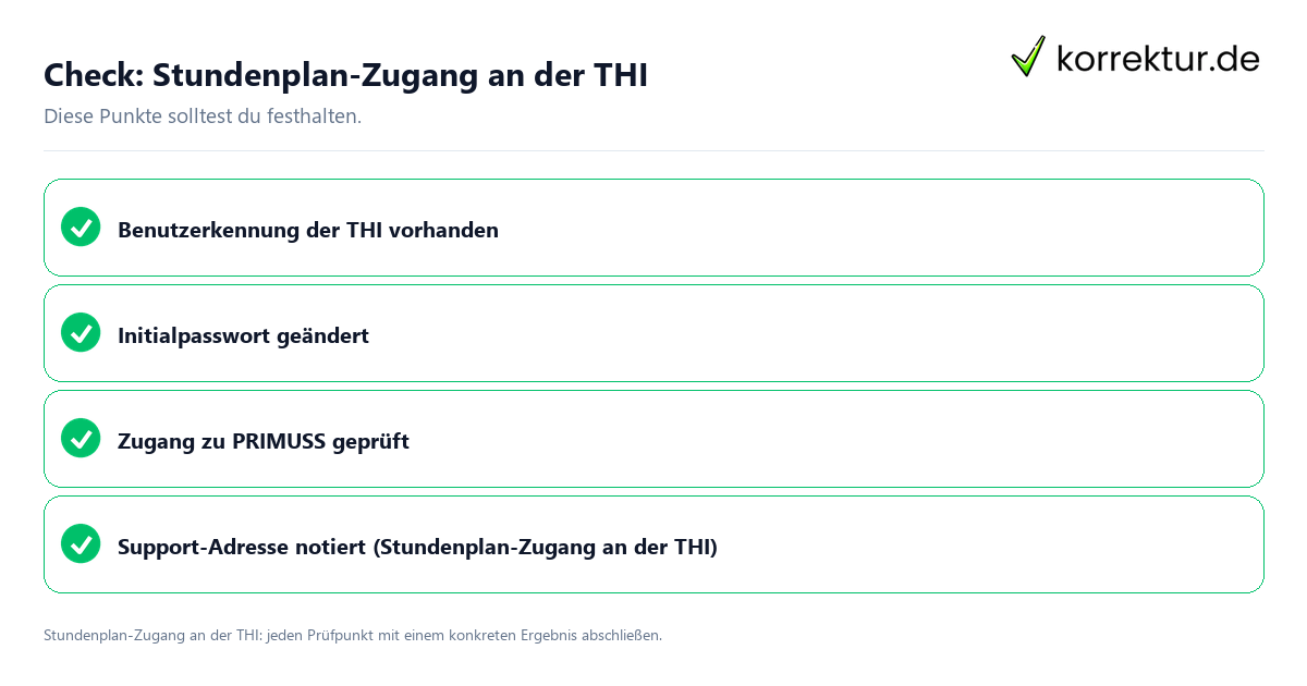 Stundenplan-Zugang an der THI mit einer themenspezifischen Checkliste