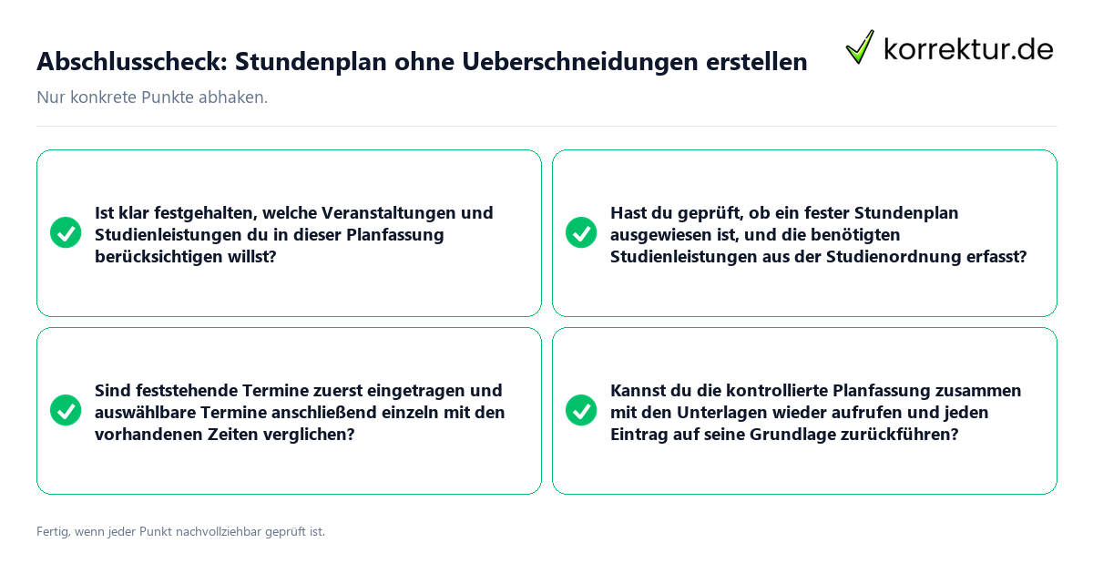 Abschlusscheck: Stundenplan ohne Ueberschneidungen erstellen Konkreter Abschlusscheck zu Stundenplan ohne Ueberschneidungen erstellen