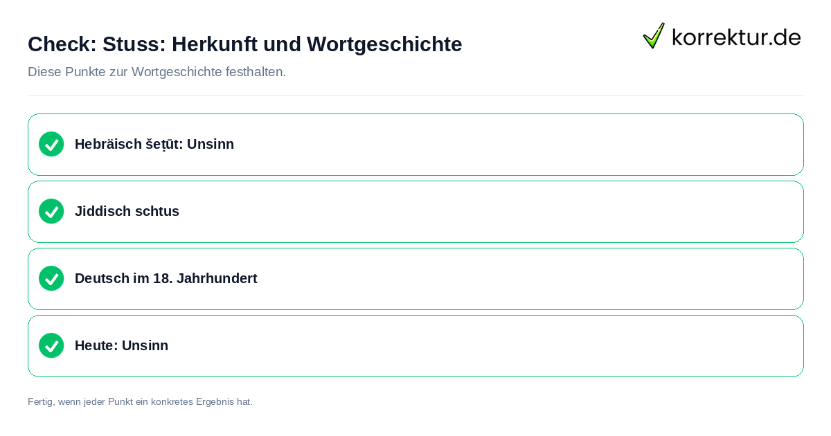 Stuss: Herkunft und Wortgeschichte: Prüfliste mit vier Punkten