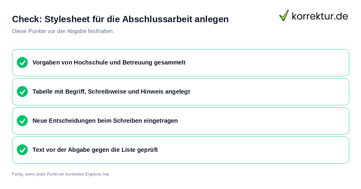 Stylesheet für die Abschlussarbeit anlegen: Prüfliste mit vier Punkten