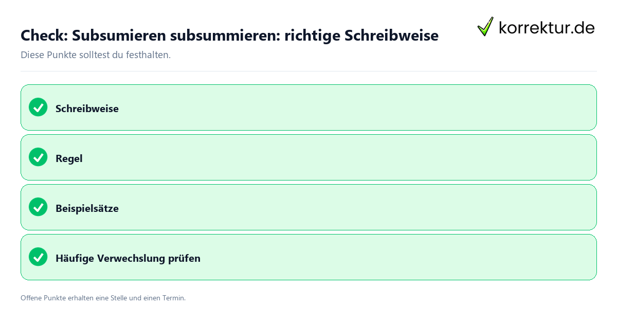 Subsumieren subsummieren: richtige Schreibweise mit Checkliste für Unterlagen und nächste Schritte