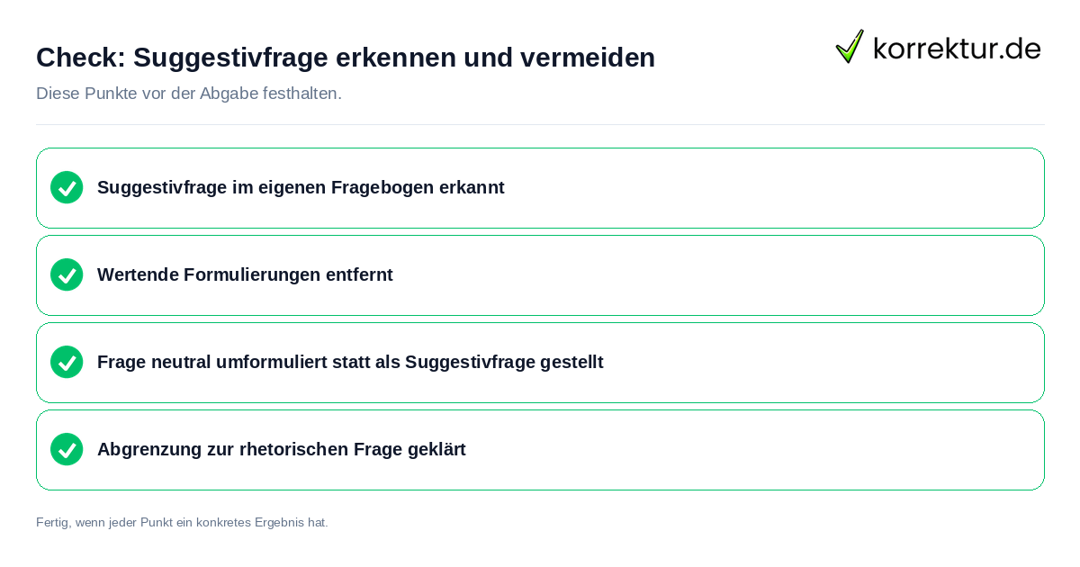 Suggestivfrage erkennen und vermeiden: Prüfliste mit vier Punkten