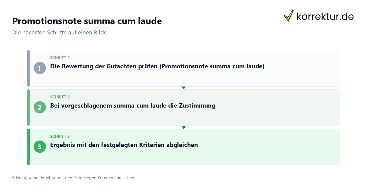 Promotionsnote summa cum laude Promotionsnote summa cum laude mit einem Ablauf aus Prüfung, Kontakt und Dokumentation