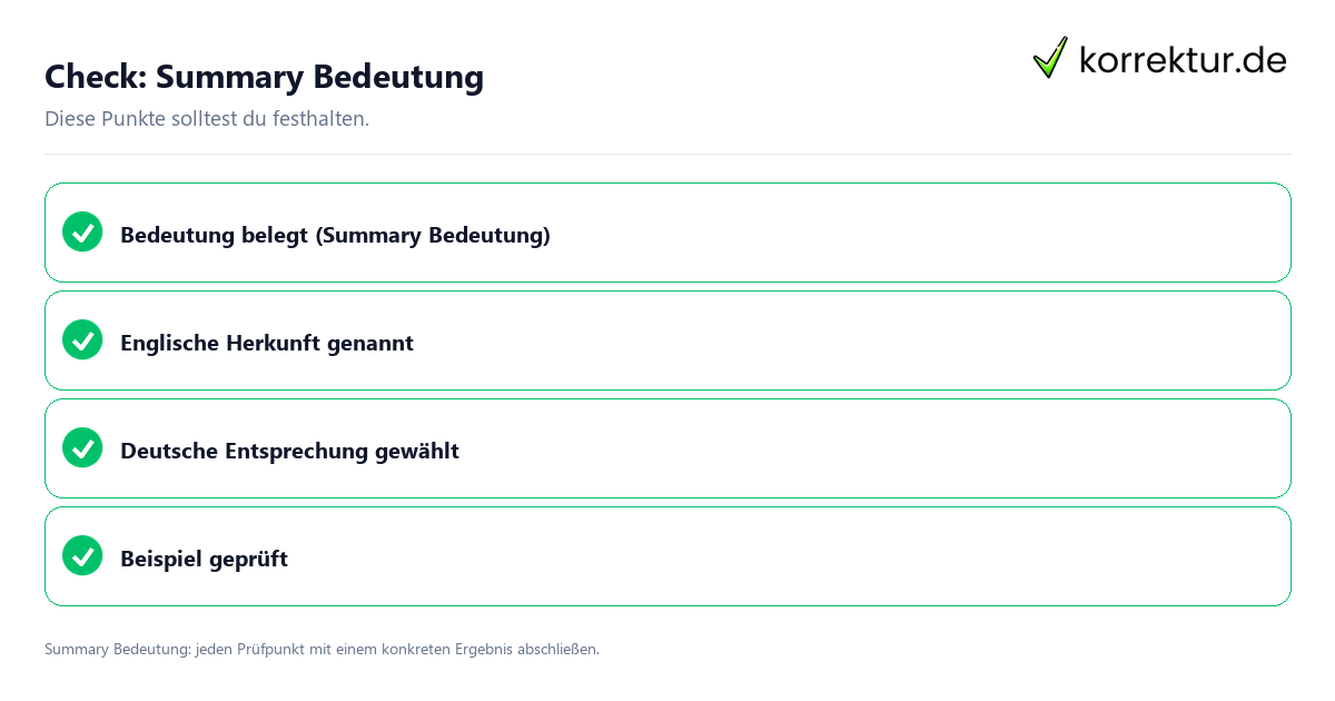 Summary Bedeutung mit einer themenspezifischen Checkliste