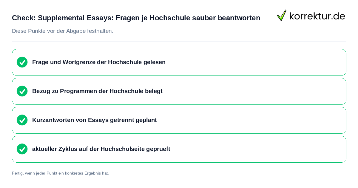 Check: Supplemental Essays: Fragen je Hochschule sauber beantworten Supplemental Essays: Fragen je Hochschule sauber beantworten: Prüfliste mit vier Punkten