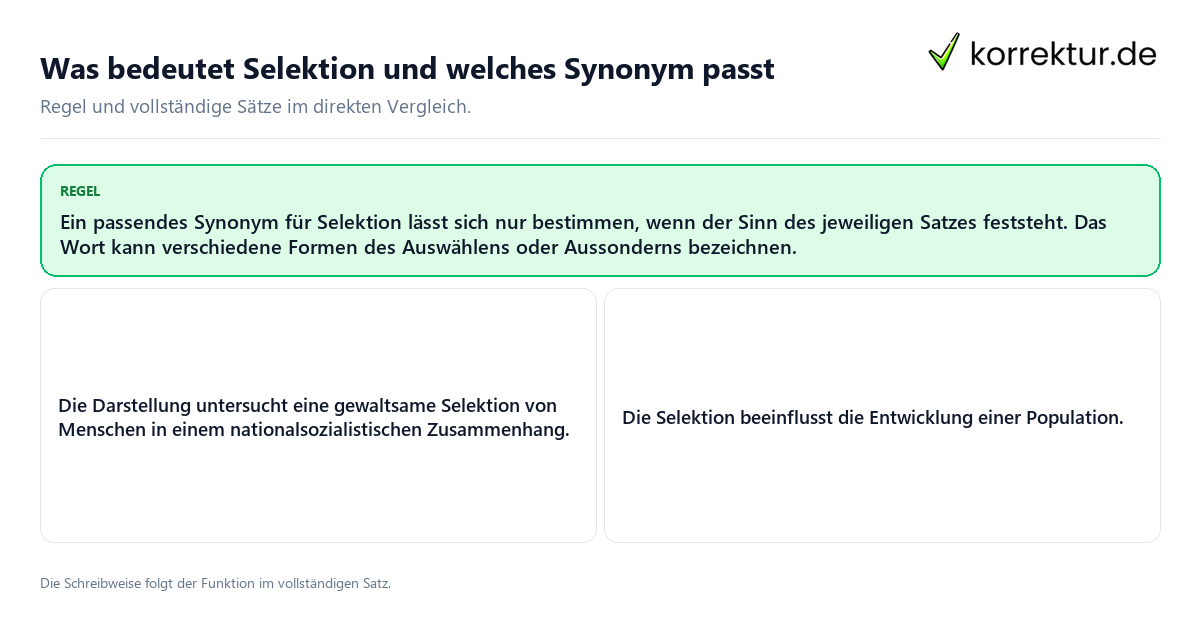 Was bedeutet Selektion und welches Synonym passt Konkrete Regel und vollständige Beispielsätze zu Was bedeutet Selektion und welches Synonym passt