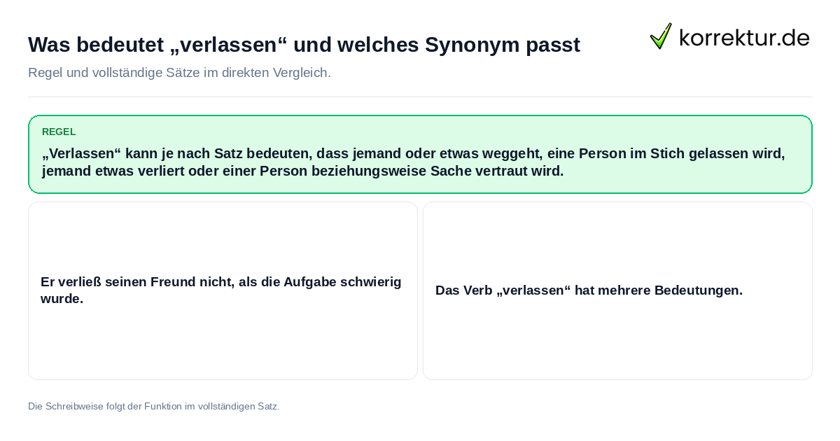 Was bedeutet „verlassen“ und welches Synonym passt Konkrete Regel und vollständige Beispielsätze zu Was bedeutet „verlassen“ und welches Synonym passt