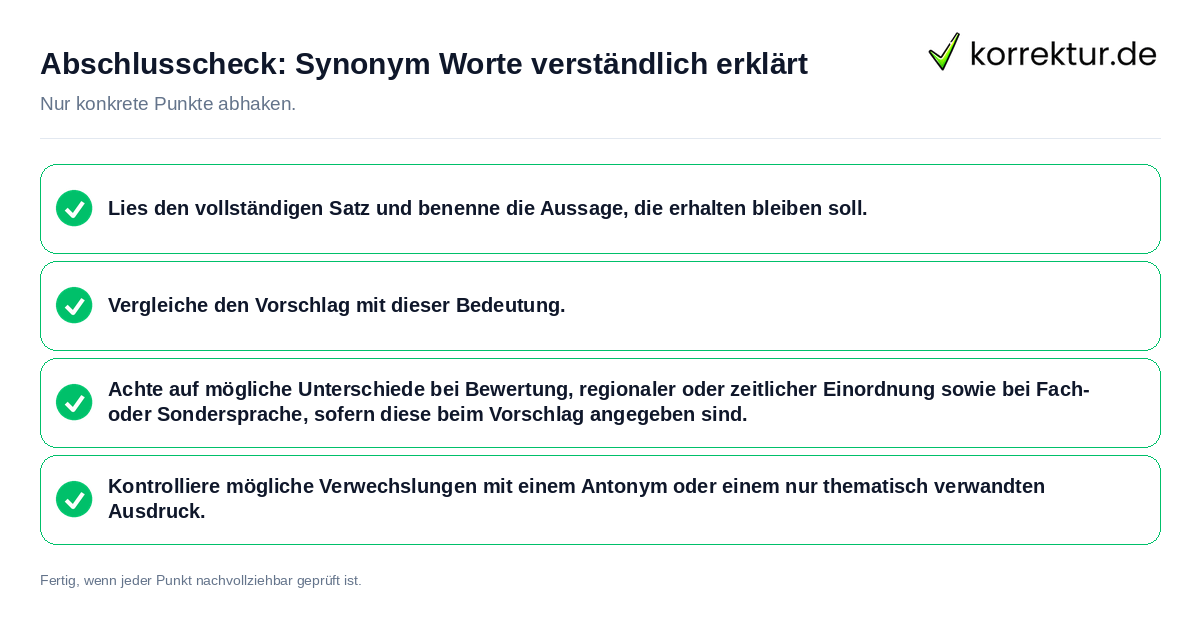 Konkreter Abschlusscheck zu Synonym Worte verständlich erklärt