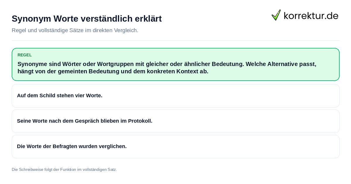 Konkrete Regel und vollständige Beispielsätze zu Synonym Worte verständlich erklärt