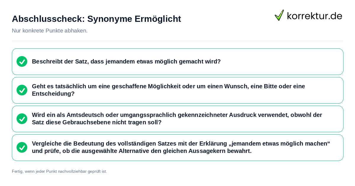 Abschlusscheck: Synonyme Ermöglicht Konkreter Abschlusscheck zu Synonyme Ermöglicht