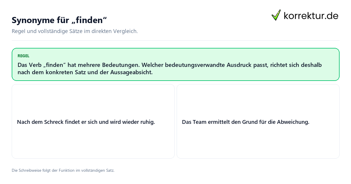 Konkrete Regel und vollständige Beispielsätze zu Synonyme für „finden“