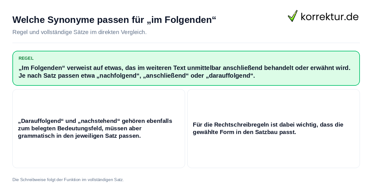 Welche Synonyme passen für „im Folgenden“ Konkrete Regel und vollständige Beispielsätze zu Welche Synonyme passen für „im Folgenden“