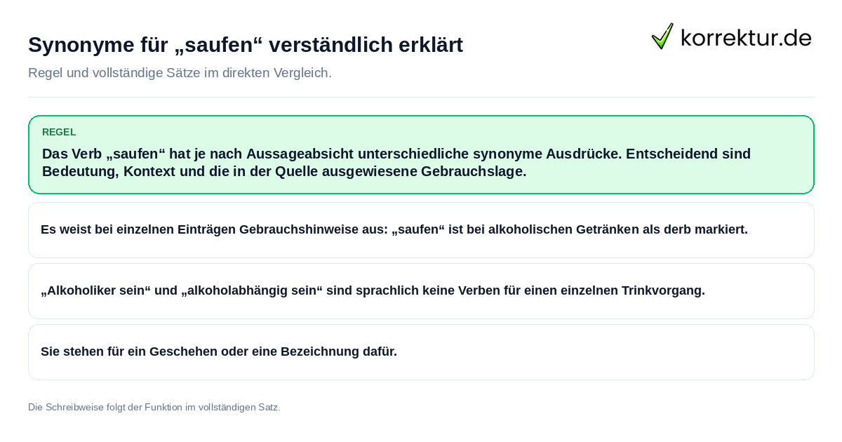 Synonyme für „saufen“ verständlich erklärt Konkrete Regel und vollständige Beispielsätze zu Synonyme für „saufen“ verständlich erklärt