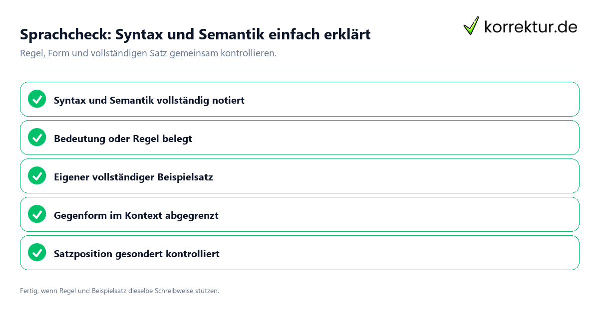 Konkreter Sprachcheck zu Syntax und Semantik einfach erklärt mit Regel und vollständigem Beispielsatz