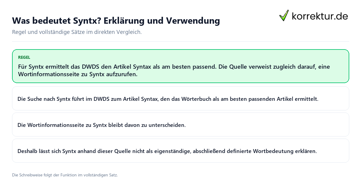 Konkrete Regel und vollständige Beispielsätze zu Was bedeutet Syntx? Erklärung und Verwendung