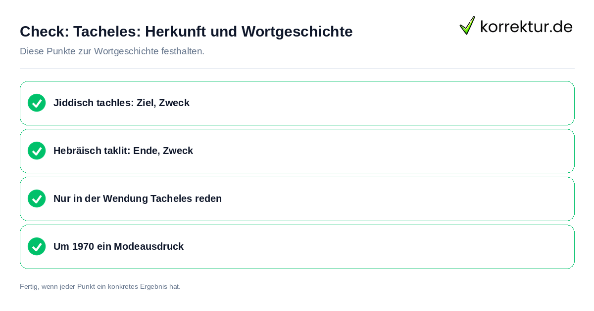 Tacheles: Herkunft und Wortgeschichte: Prüfliste mit vier Punkten