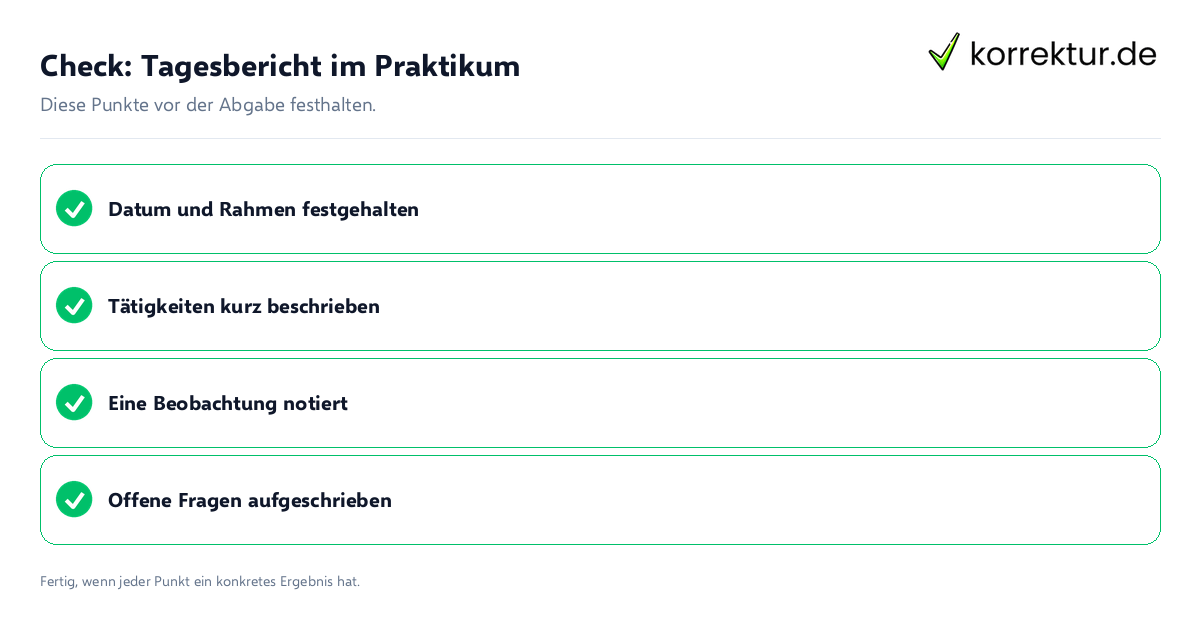 Check: Tagesbericht im Praktikum Tagesbericht im Praktikum: Prüfliste mit vier Punkten