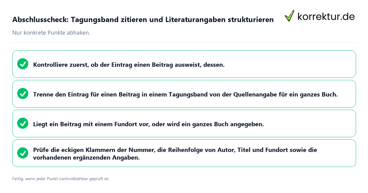 Konkreter Abschlusscheck zu Tagungsband zitieren und Literaturangaben strukturieren