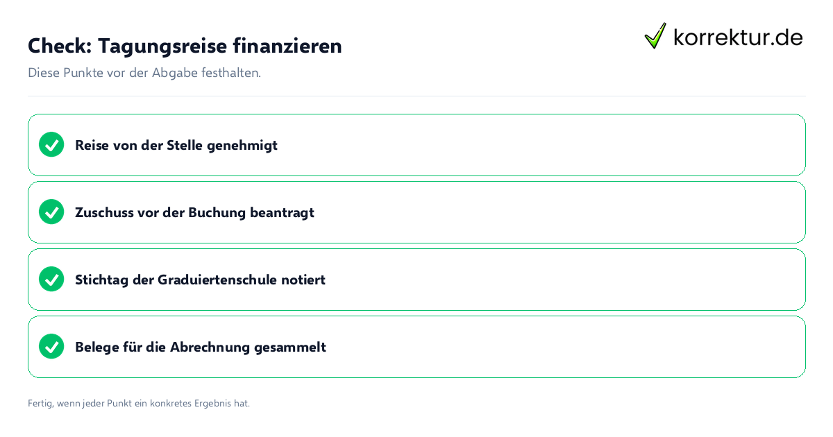 Tagungsreise finanzieren: Prüfliste mit vier Punkten